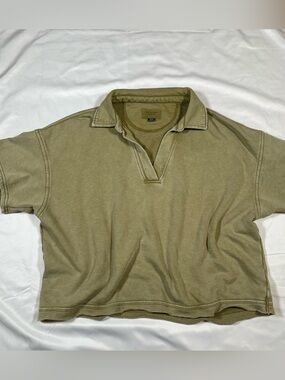 American‎ Eagle Cropped Polo Sweatshirt Top Women Large Raw Hem Olive Green